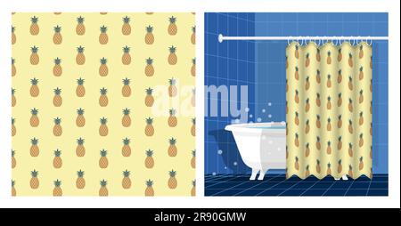 Bathroom interior with bathtub and curtain decorated with seamless pattern with juicy pineapple. Harvesting tropical fruits. Vector illustration, orna Stock Vector