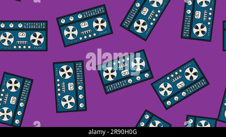 Seamless pattern endless with music audio cassette old retro tape recorders vintage hipster from 70s, 80s, 90s isolated on purple background. Vector i Stock Vector