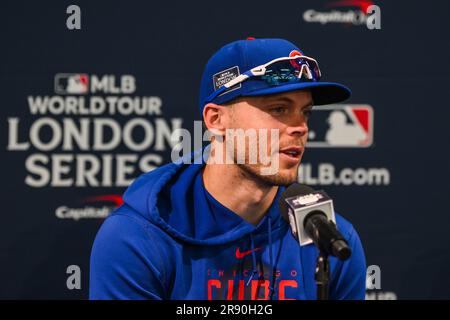 Nico Hoerner #2 of the Chicago Cubs during the press conference ahead of  the 2023 MLB London Series Workout Day for St. Louis Cardinals and Chicago  Cubs at London Stadium, London, United