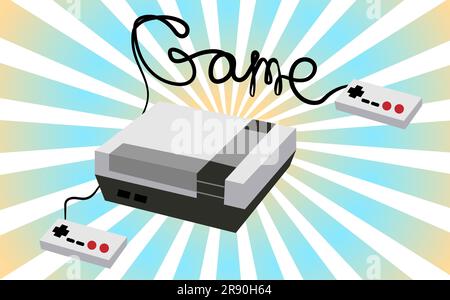 Black and white retro hipster rectangular volumetric vintage game console and the inscription game written by black wires with two joys and buttons on Stock Vector
