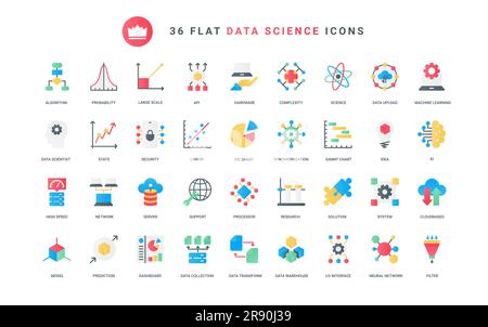 AI brain, machine learning technology for prediction, transformation and data storage. Data analysis, neural network innovation and science trendy flat icons set vector illustration Stock Vector