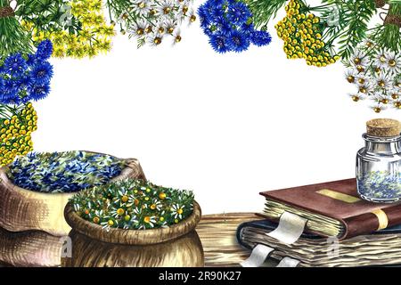 Medicinal herbs of cornflower, chamomile, tansy and St. John's wort. Frame on a white background. In a wooden pot and a linen bag. Glass vial on an ol Stock Photo