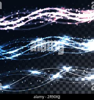 Set of beautiful abstract transparent luminous blue cosmic magical electric energy lines of waves on a translucent dark to the checkered black backgro Stock Vector