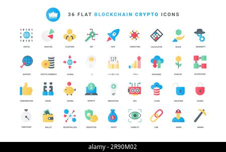 Trendy flat color icons for cryptocurrency, blockchain, global digital crypto money trends, profit on fintech exchange analysis, bitcoin data mining, startup launch rocket vector illustration Stock Vector