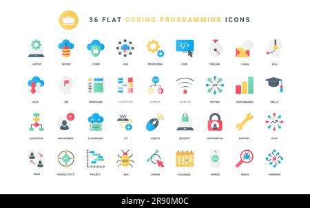 Support of digital projects, sync database system and cyber protection for wireless network, chart performance. Test of software code, data storage trendy flat icons set vector illustration Stock Vector