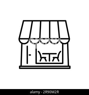 Monochrome store front facade with awning line icon vector illustration. Linear outline logo commercial shop building with window and door entrance is Stock Vector