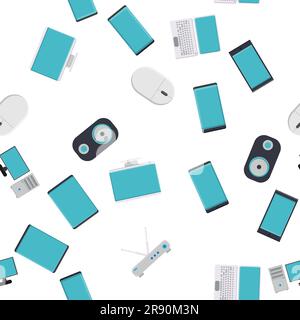 Seamless pattern, texture from modern digital devices, gadgets, tablets, smartphones, mice, speakers, monitors, laptops, routers for internet, compute Stock Vector