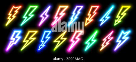 Neon blazing lightning strike in darkness. Night club rainbow bright banner sign of thunder light sparks storm flash thunderstorm. Power energy fast speed charge icons. Thunderbolt shape lamp concept Stock Vector