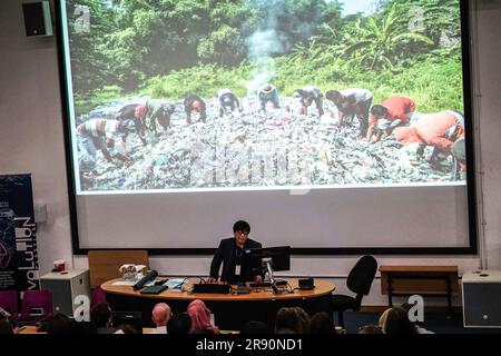 Von Hernandez, Global Coordinator of the nonprofit 'Break Free From Plastic' speaks to participants during the Plastics Future Conference held at the University of Portsmouth. The #PlasticsFuture2023 Conference was organized to share global research and innovation across disciplines and communities to address global plastic pollution problem and to discuss the expectations of a global plastics treaty. Stock Photo