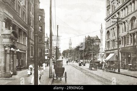 Washington Ave., Looking North, Scranton, Pennsylvania. Showing horses, people, & wagons,Circa 1908. Scranton is a city in the Commonwealth of Pennsylvania, United States, and the county seat of Lackawanna County.Scranton is the largest city in Northeastern Pennsylvania and the Scranton–Wilkes-Barre–Hazleton Metropolitan Statistical Area, which has a population of 562,037 as of 2020. It is the seventh-largest city or borough in Pennsylvania. Scranton/Wilkes-Barre is the cultural and economic center of a region called Northeastern Pennsylvania, which is home to over 1.3 million residents. Stock Photo