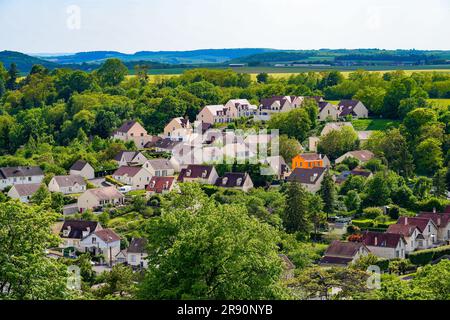 Aerial view of a lush residential neighborhood of new individual homes in Provins, a medieval city in the French department of Seine et Marne in the c Stock Photo