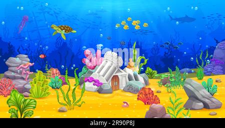 Game level on cartoon underwater landscape with sunken ship. Fish shoal ...