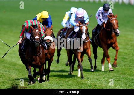 Okita Soushi ridden by jockey Ryan Moore (left) on their way to winning the Duke of Edinburgh Stakes during day four of Royal Ascot at Ascot Racecourse, Berkshire. Picture date: Friday June 23, 2023. Stock Photo