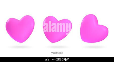 Set of vector 3d cartoon hearts. Flying pink hearts, symbol of love.Romantic decorative elements for Valentine's Day and Mother's Day design.Realistic Stock Vector