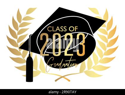 Graduation black and gold vector design. Class of 2023, golden high school or college graduate template. Text for congratulation event, party, greetin Stock Vector