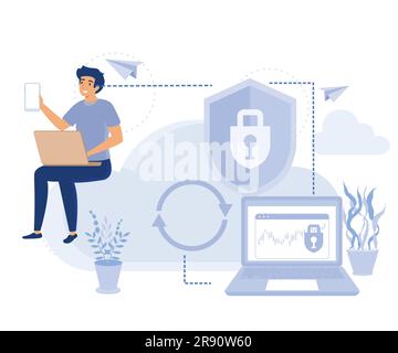 Cloud software concept, SaaS technology, cloud computing security, cloud based engine, data protection, virtual application, flat vector modern illust Stock Vector
