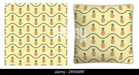 Square decorative pillow, bedroom accessory decorated seamless pattern with juicy pineapple and wave lines. Harvesting tropical fruits. Vector ornamen Stock Vector