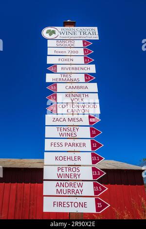 Winery sign on the Foxen Canyon Wine Trail, Santa Barbara County, California USA Stock Photo