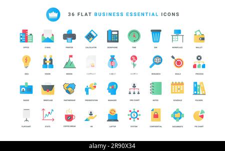 Confidential documents, office process to research and presentation of product, success partnership finance idea. Business, goal management trendy flat icons set vector illustration Stock Vector