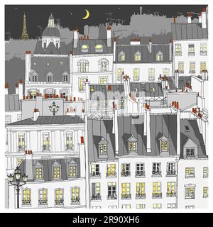 Paris poster with Eiffel tower at night - vector illustration (Ideal for printing, poster or wallpaper, house decoration) Stock Vector