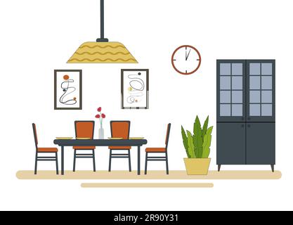 Dining room interior. Furniture - a table and chairs, paintings on the wall, a chandelier and a sideboard with crockery. Vector. For the design of fly Stock Vector