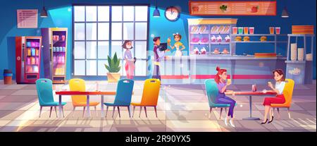 University canteen with students eating at table. Vector cartoon illustration of large college cafeteria, young man and women ordering food from menu, snacks and desserts on display, vending machines Stock Vector