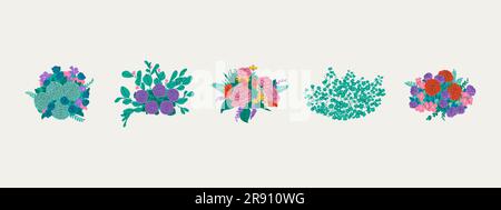 Set of five different flower bouquets. Beautiful peonies, roses, chamomiles, alstramerias, etc., collected in flower compositions. Vector flat Stock Vector