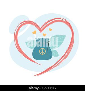 Donation bag inside line of heart drawn with brush Charity concept. Support and care from community of people flat vector illustration. Stock Vector