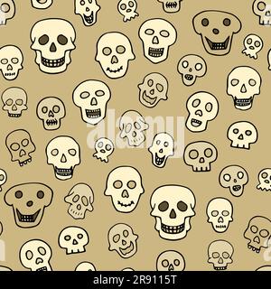 Doodle Halloween sculls seamless pattern. Color Skeleton on beige background. Hand-drawn scary cranium. Mystical sketch character. Vector illustration Stock Vector