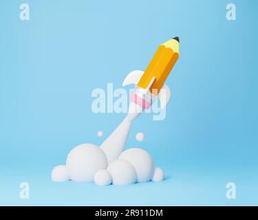 Pencil rocket 3D realistic vector illustration.Creative concept startup,business Stock Vector