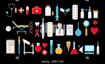 Big beautiful bright colored set of medical items and tools in a pharmacy or doctor's office, thermometer tablets syringes flasks medications on a bla Stock Vector