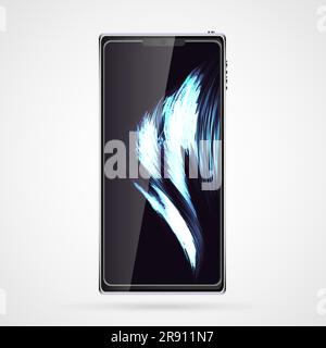 Black smart mobile phone smartphone with touch screen, modern realistic mobile device with abstract magic energy screensaver, wallpaper, background. V Stock Vector