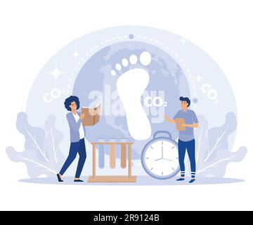 Carbon footprint effect analysis, environmental pollution with CO2, people analyze impact of greenhouse gas on environment, flat vector modern illustr Stock Vector