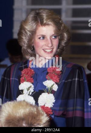 23 November 1984. Diana, Princess Of Wales with a garland on walkabout in Wellingborough after visiting The Victoria Youth Centre.    Photo by The Henshaw Archive Stock Photo