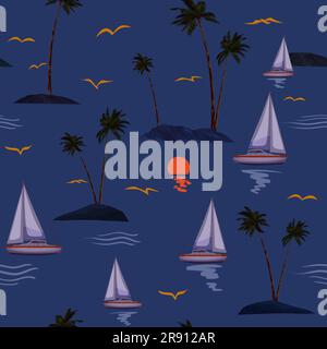 Tropical island, sailboat, palms seamless pattern, vector illustration Stock Vector