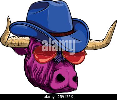 vector illustration of Bull head with sunglasses and hat Stock Vector