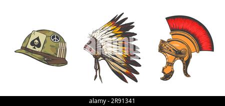 Bright set of headdresses of the US soldier, gladiator and Chief of the tribe in hand drow style for printing and design. Vector illustration. Stock Vector