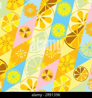 Yellow summer texture with a pattern of lemons limes oranges citrus fresh fruit vitamin tropical tasty sweet on a background of rhombuses for wallpape Stock Vector