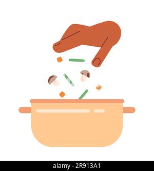 Add vegetables in pan flat semi flat colour vector object Stock Vector