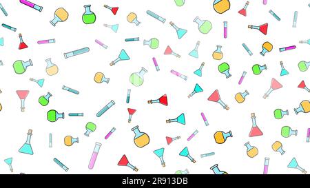 Seamless pattern texture of endless repeating multi-colored medical chemical glass scientific test tubes of flasks of different shapes on white backgr Stock Vector