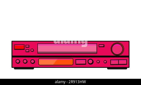 Pink old vintage retro hipster antique video recorder for videocassettes for watching movies, video with lots of buttons from the 80's, 90's in a flat Stock Vector
