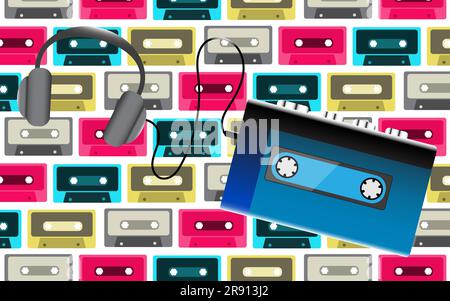 Blue old retro vintage hipster realistic portable music cassette audio player for audio cassettes from the 80's, 90's and headphones on the background Stock Vector