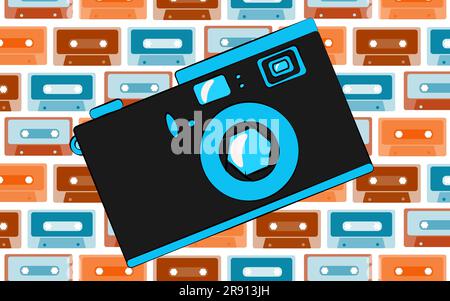 Old blue retro vintage antique hipster obsolete camera with a lens and a diaphragm on the background of a pattern of multi-colored audio cassettes. Ve Stock Vector