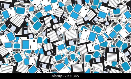Seamless pattern endless computer with old retro computers, pc and vintage white hipster floppy disks from 70s, 80s, 90s isolated on white background. Stock Vector