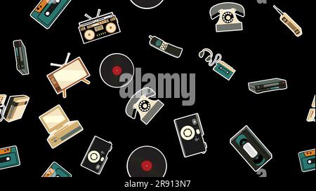 Texture, seamless pattern of old retro hipster electronics stickers, tv recorder mobile phone, player, audio cassette, video recorder, game console, c Stock Vector