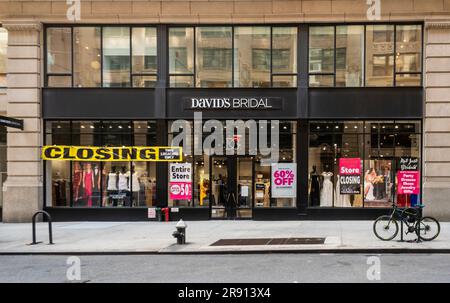 The David's Bridal store in the Chelsea neighborhood of New York is plastered with signs announcing the storeÕs closure, seen on Tuesday, June 13, 2023. David's Bridal is in Chapter 11 bankruptcy protection and the company has announced that if a buyer for the business is not found the company Òwill turn to an orderly liquidationÓ. (© Richard B. Levine) Stock Photo