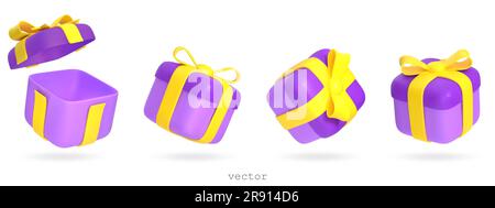 Set of vector 3d gift boxes open and closed with yellow ribbon bow. Flying holiday surprise box. Festive presents. Realistic vector illustration for b Stock Vector