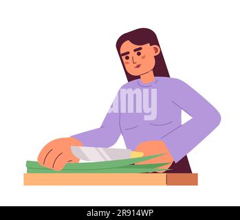 Woman cutting green onion semi flat colorful vector character Stock Vector