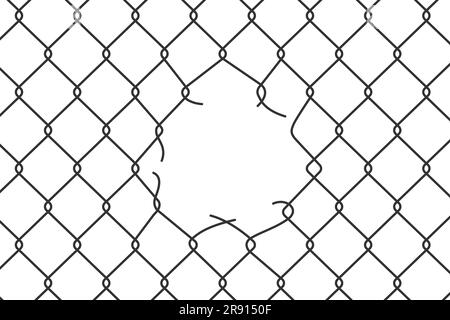 Broken wire mesh fence. Rabitz or chain link fence with cut hole. Torn wire pirson mesh texture. Cut metal lattice grid. Vector illustration isolated Stock Vector