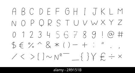 Childlike black english latin abc alphabet font with digits and symbols handwritten A to Z, 0 to 9 collection. Vector illustration in doodle style iso Stock Vector